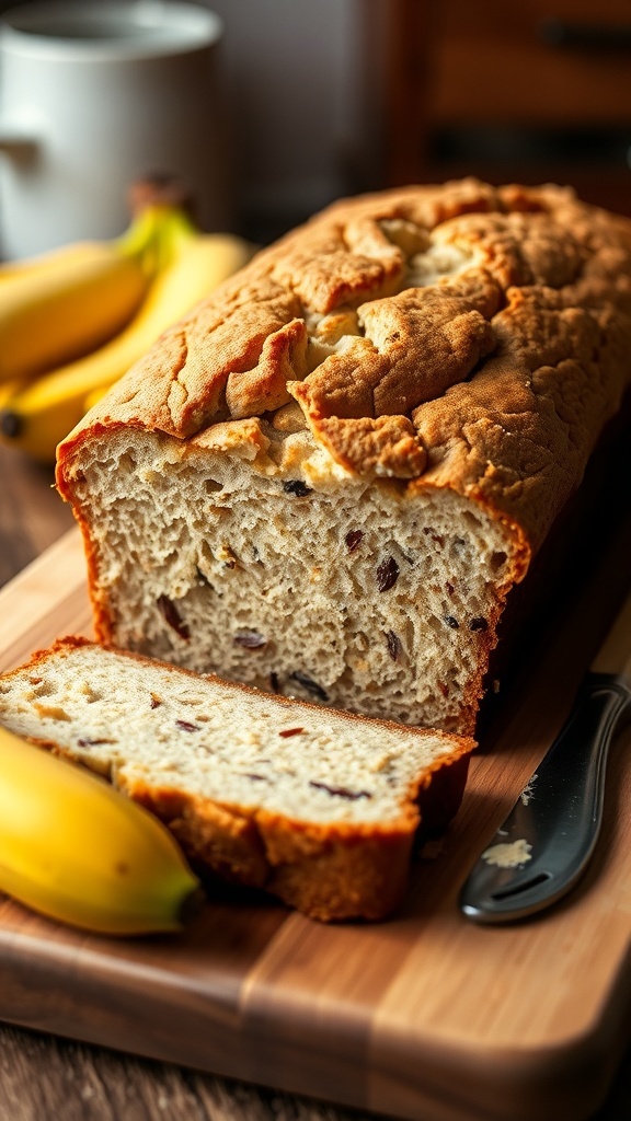 A golden brown loaf of banana bread sliced on a cutting board with ripe bananas beside it.